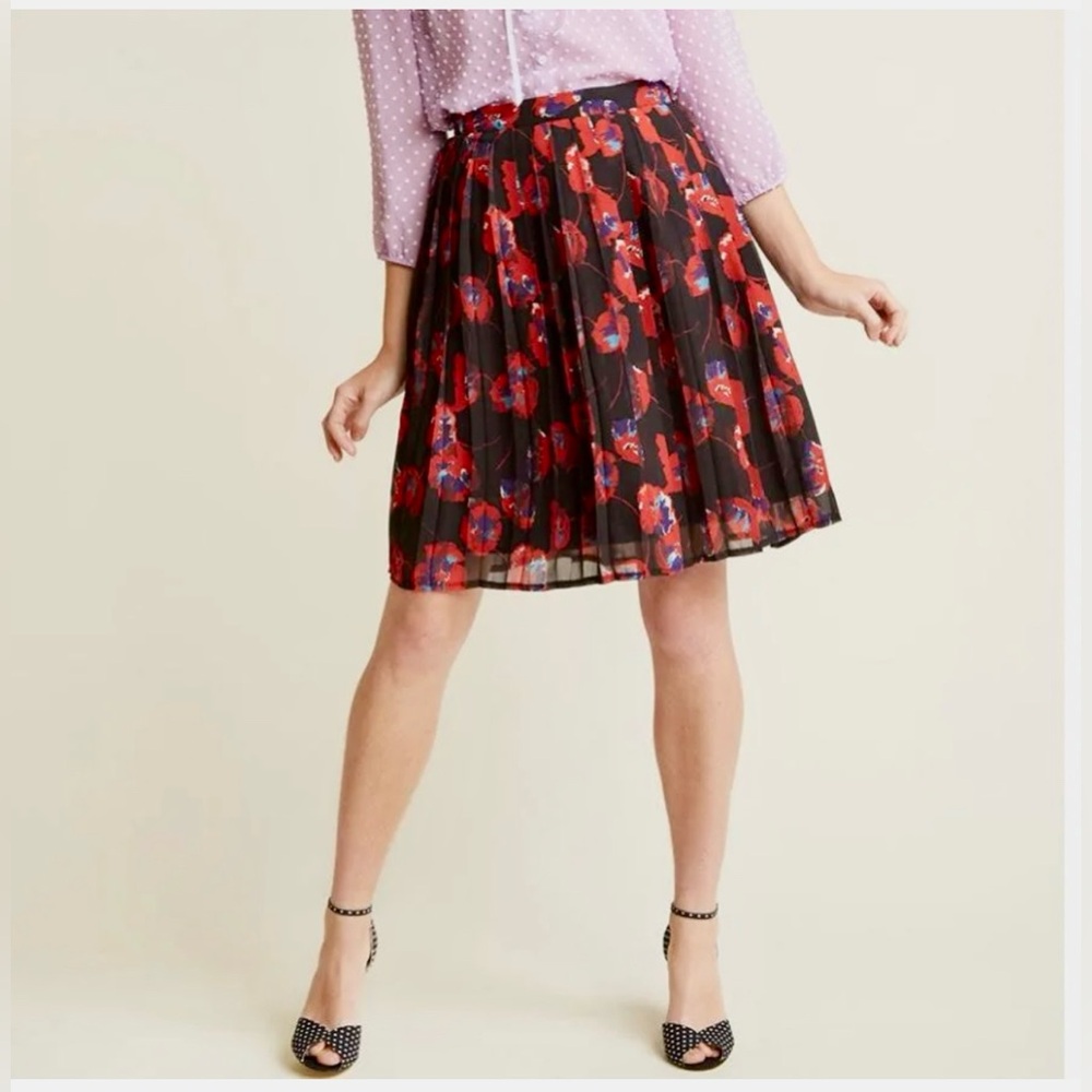 Modcloth Black Skater Skirt with Red and Blue Floral Design
